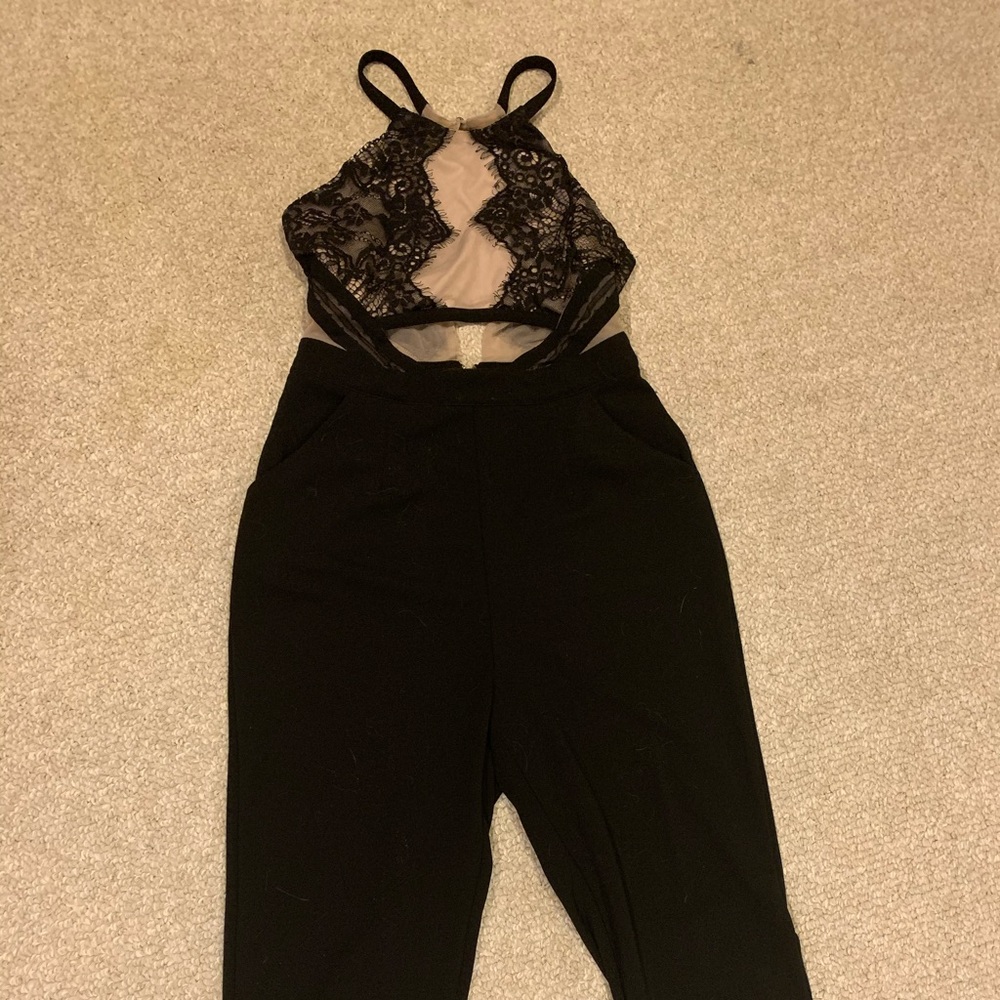 Black and Beige Open Back Lace Jumper Suit